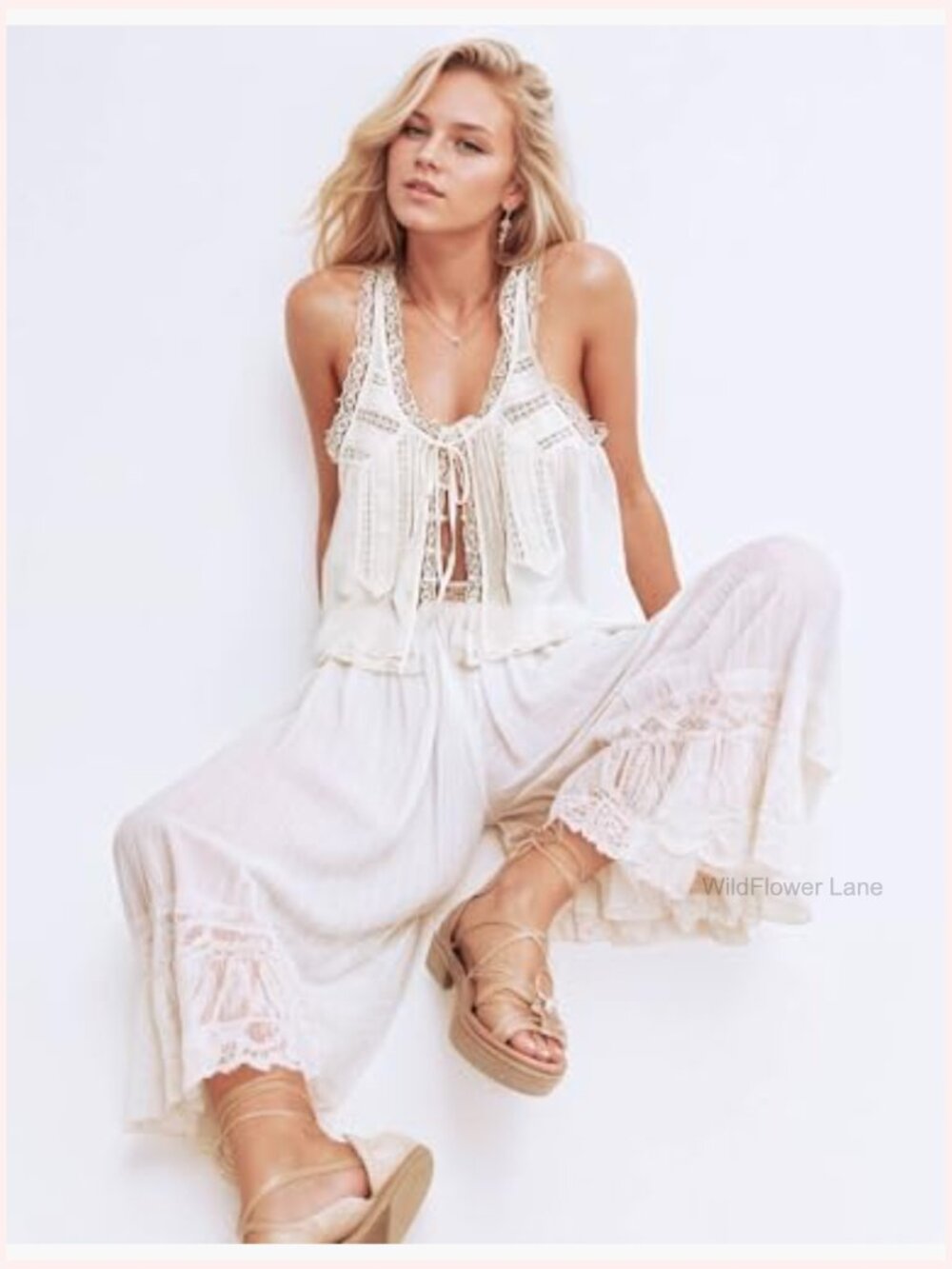 Boho Lace Tank Top Sleeveless Button Down Front Tie Y2K Summer Vacation Top - Picture 4 of 7
